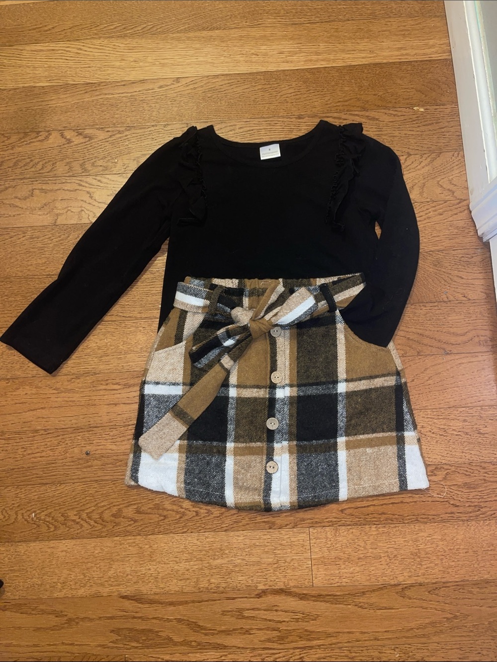 Black Ruffle Long Sleeve Top with Plaid Button Skirt Set